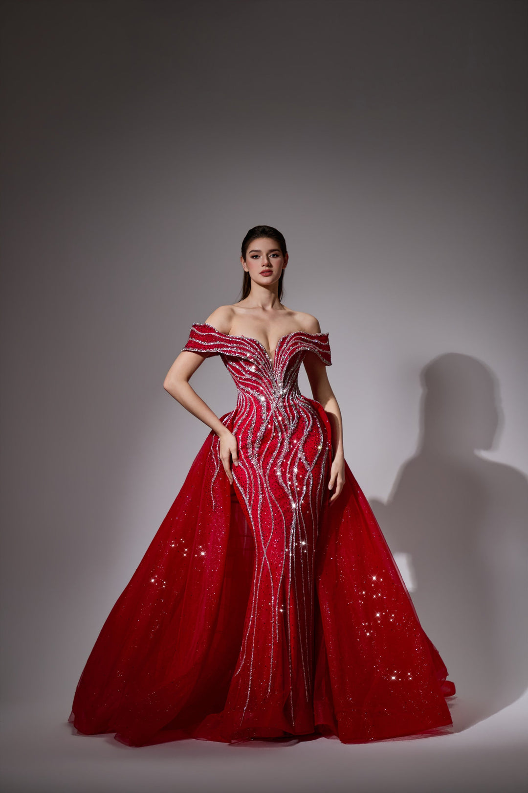 Delilah LD11538 Off-the-Shoulder Plunging Beaded Mermaid Gown with Sparkle Overskirt - Red front view