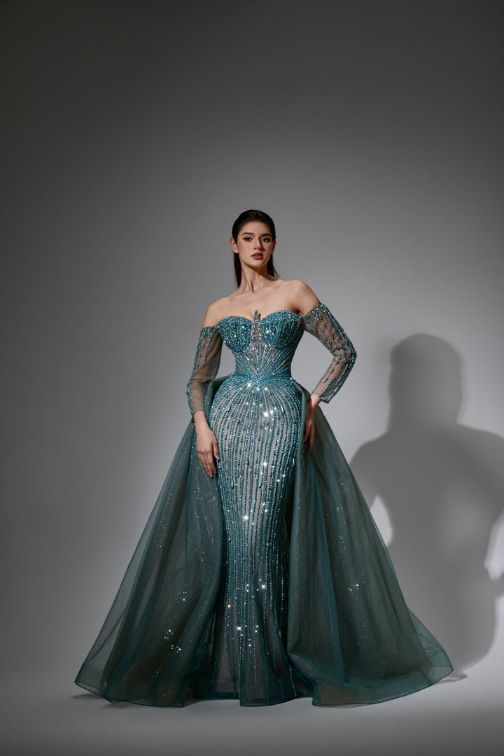 Delilah LD11539 Off-the-Shoulder Long Sleeve Beaded Corset Sheath Gown with Sparkle Overskirt - Green front view