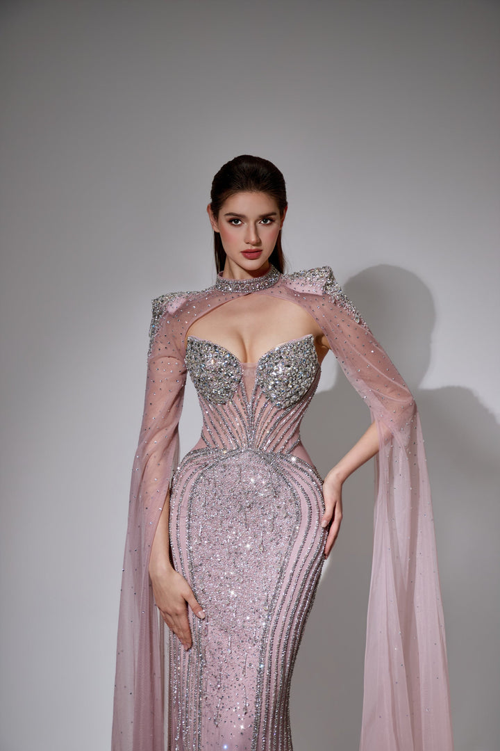 Delilah LD11478 Strapless Beaded Corset Mermaid Gown with Choker Capelet and Floor-Length Cape Sleeves - Pink close-up view