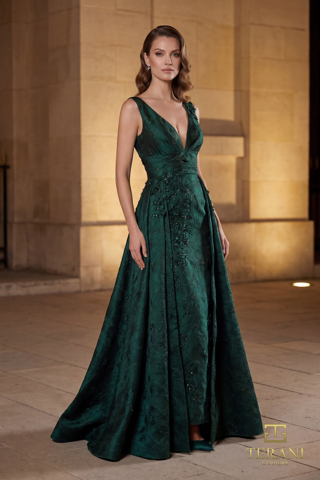 Terani 262E7138 V-Neck Sleeveless A-Line Dress