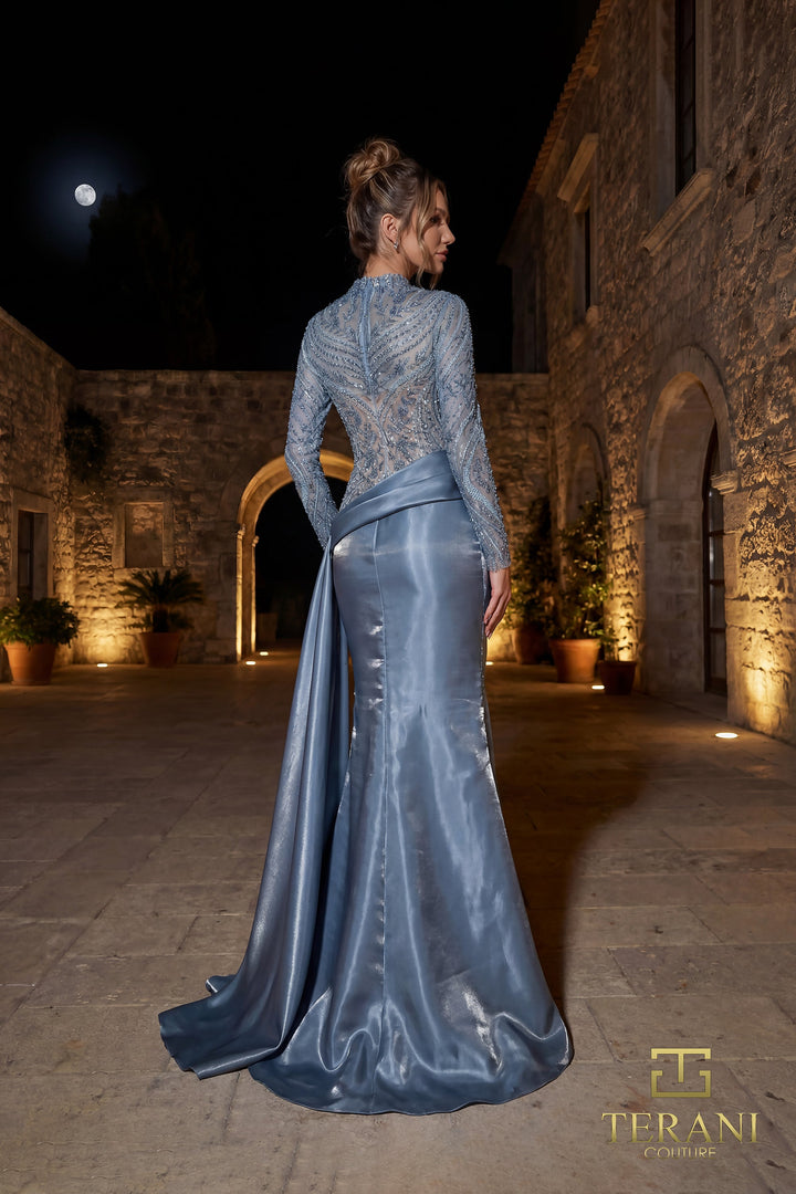 Terani 262E7384 High Illusion Neckline Long Sleeves Fitted Beaded Dress