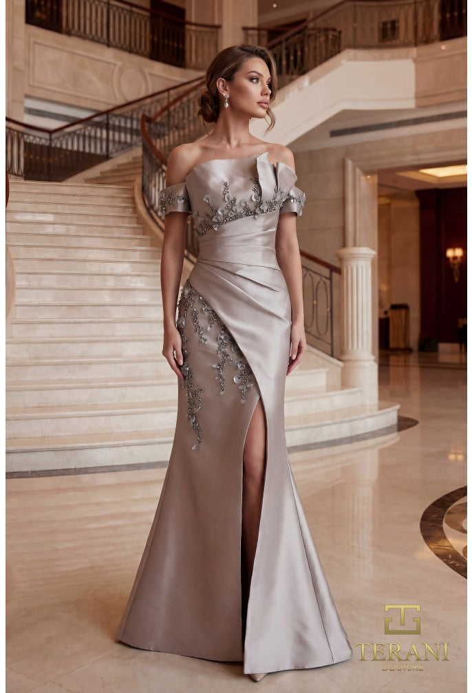 Terani 262M7254 Asymmetrical Sweetheart Off-Shoulder Cap Sleeve Corset Dress