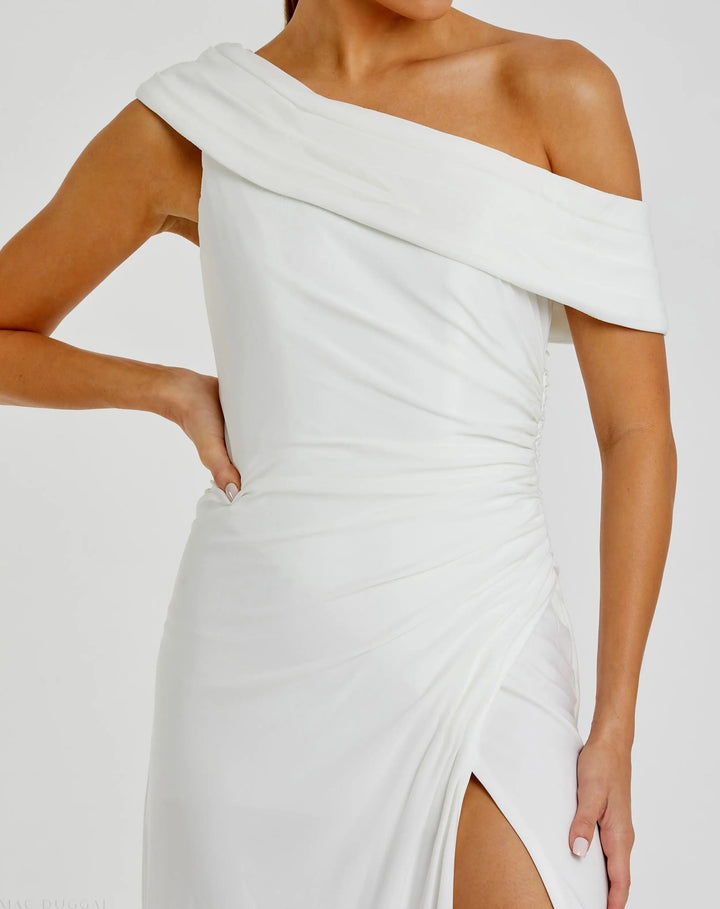 Mac Duggal 26517 White Foldover Off-the-Shoulder Slit Gown