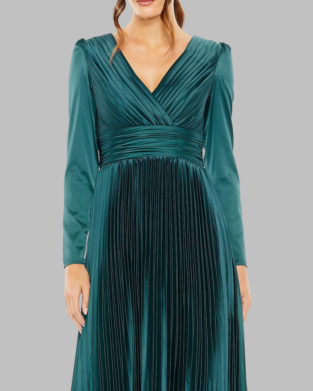 Mac Duggal 26542 Pleated Long Sleeve V-Neck Gown