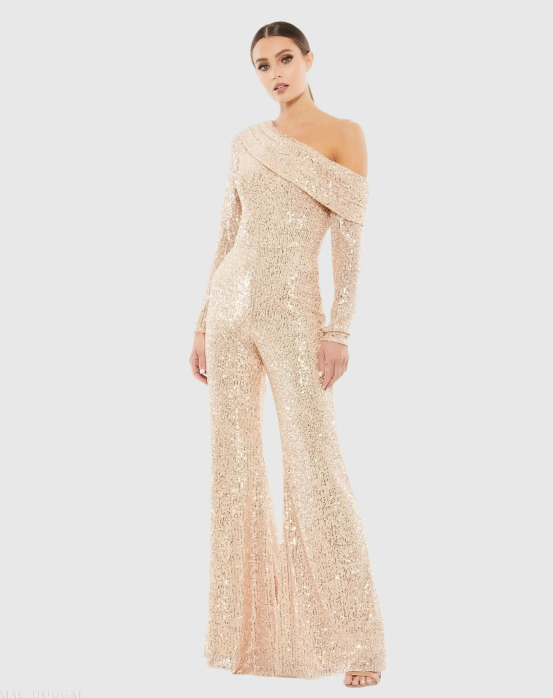 Mac Duggal 26596 Sequin Off Shoulder Long Sleeve Jumpsuit