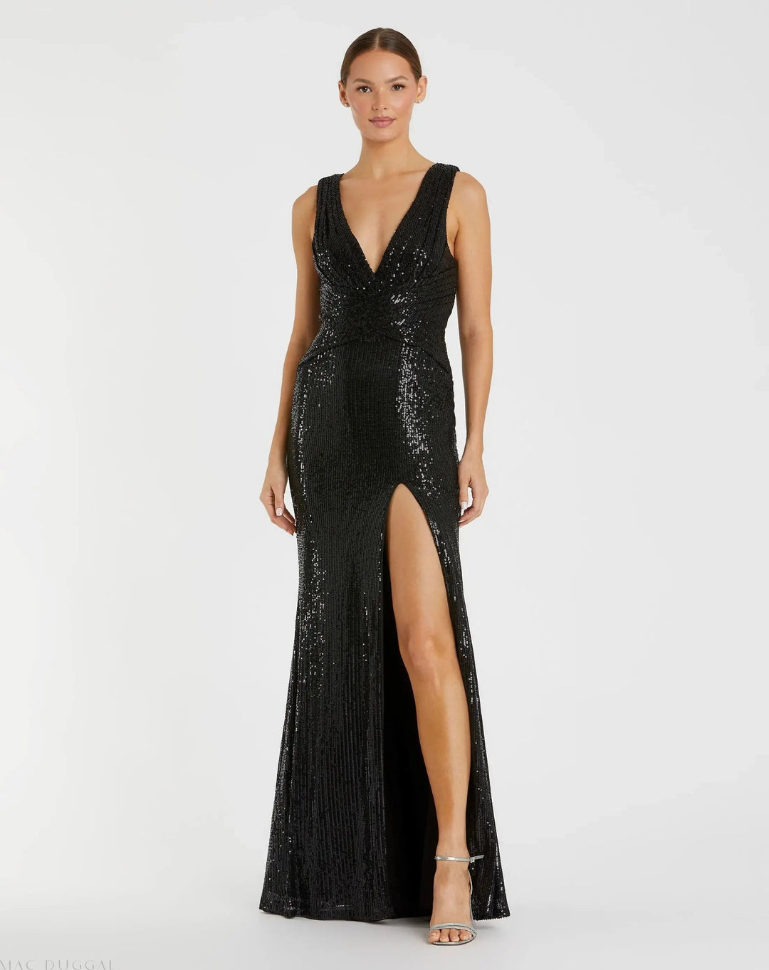 Mac Duggal 26598 Black V-Neck Sequin Wrap Waist Gown
