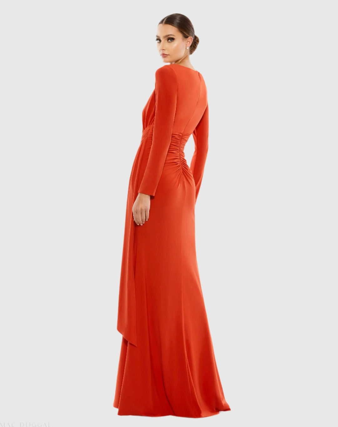 Mac Duggal 26714 Ruched Long Sleeve Boat Neck Gown