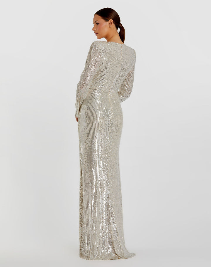 Mac Duggal 26723 Sequined Long Sleeve Faux Wrap Ruched Gown