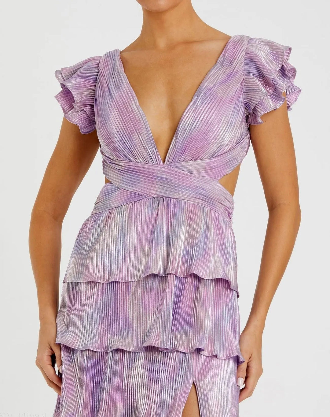 Mac Duggal 26740 Purple Ruffle Tiered Criss Cross Lace Up Gown