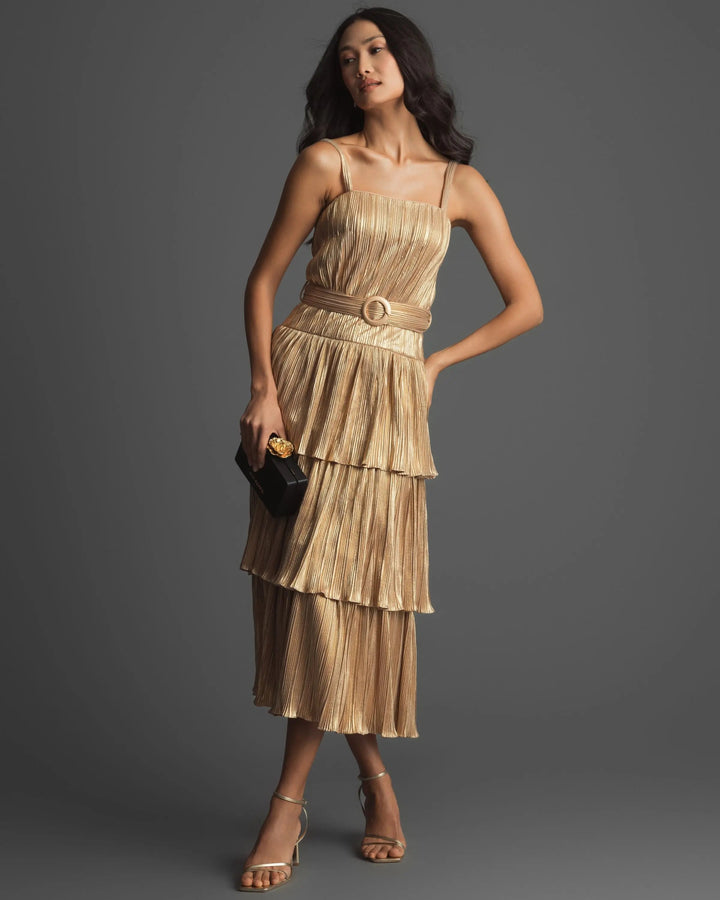 Mac Duggal 27062 Gold Ruffle Tiered Buckle Detail Dress