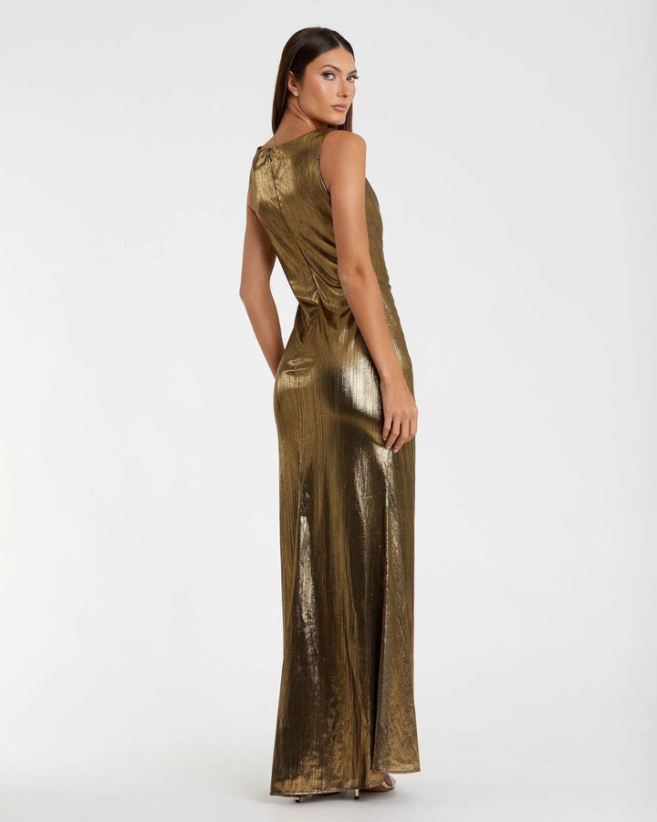 Mac Duggal 27063 Gold Metallic Ruched Front Slip V-Neck Gown