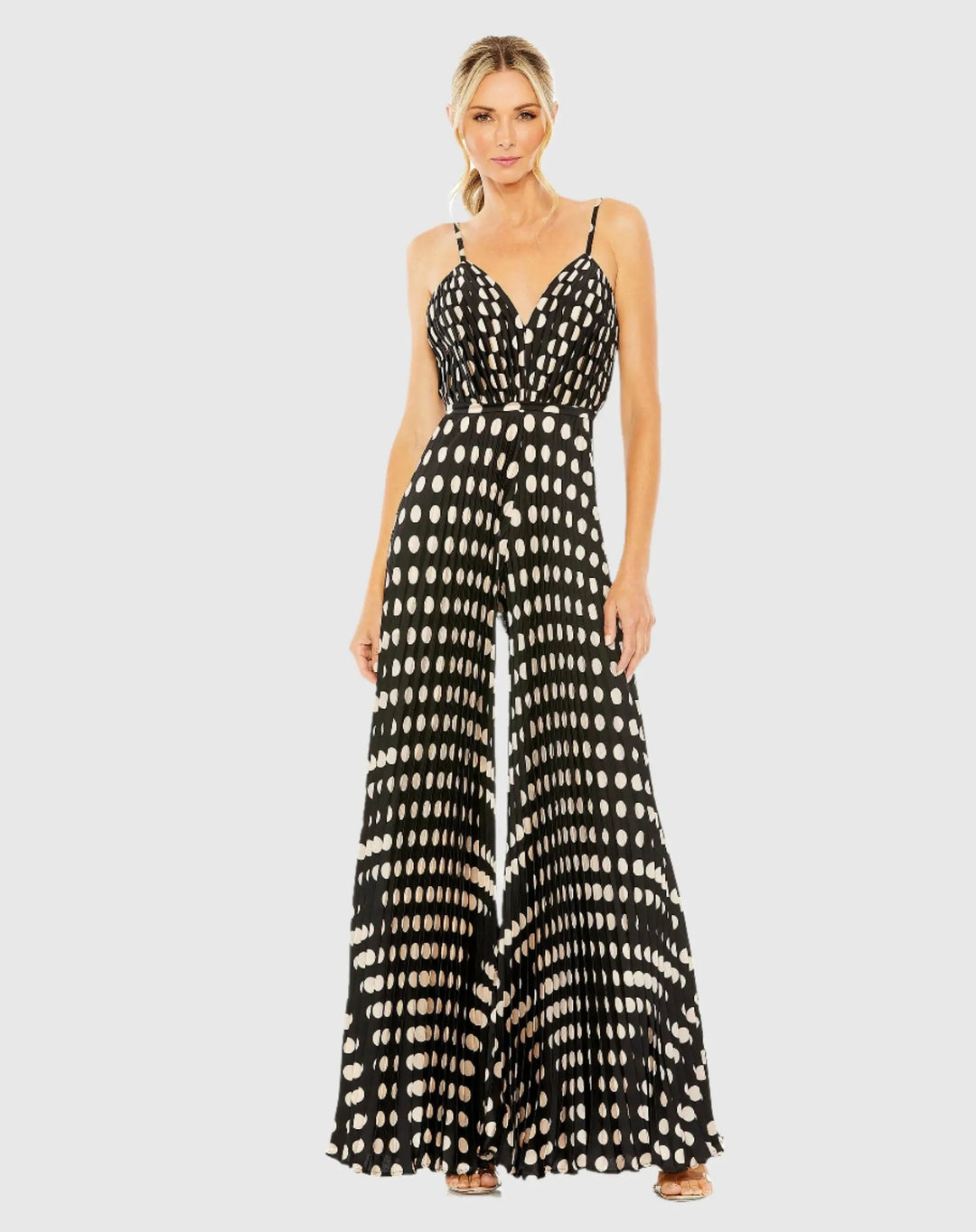 Mac Duggal 27145 Pleated Charmeuse Polka Dot V-Neck Jumpsuit