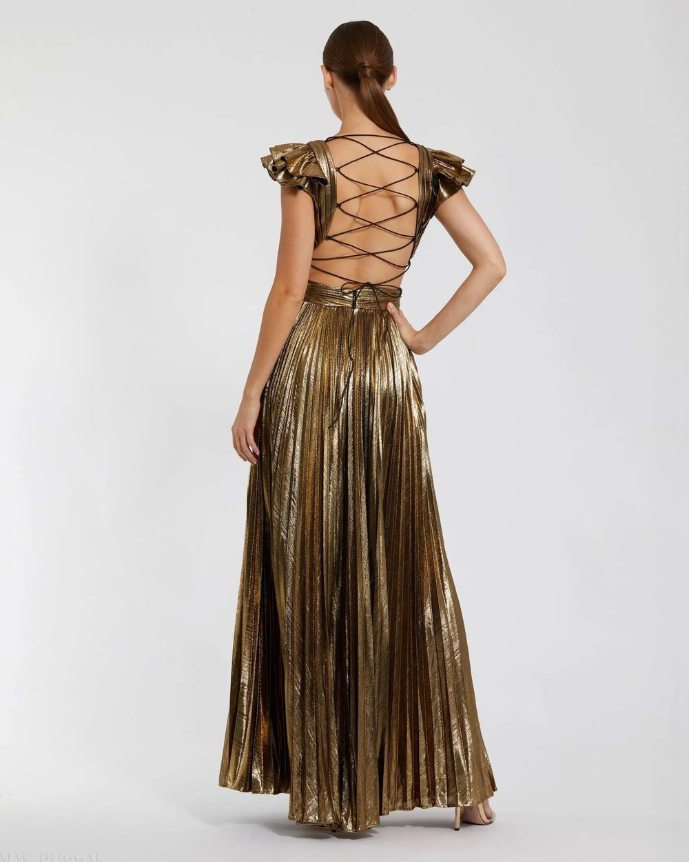 Mac Duggal 27166 Ruffle Sleeve Cutout Pleated Metallic Gown