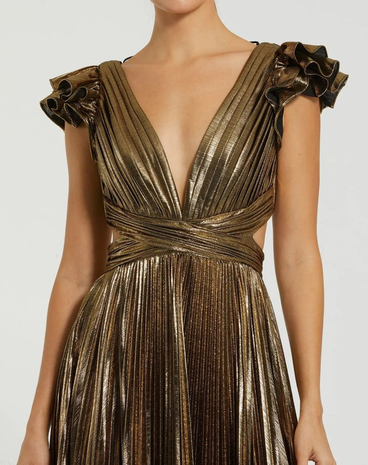 Mac Duggal 27166 Ruffle Sleeve Cutout Pleated Metallic Gown