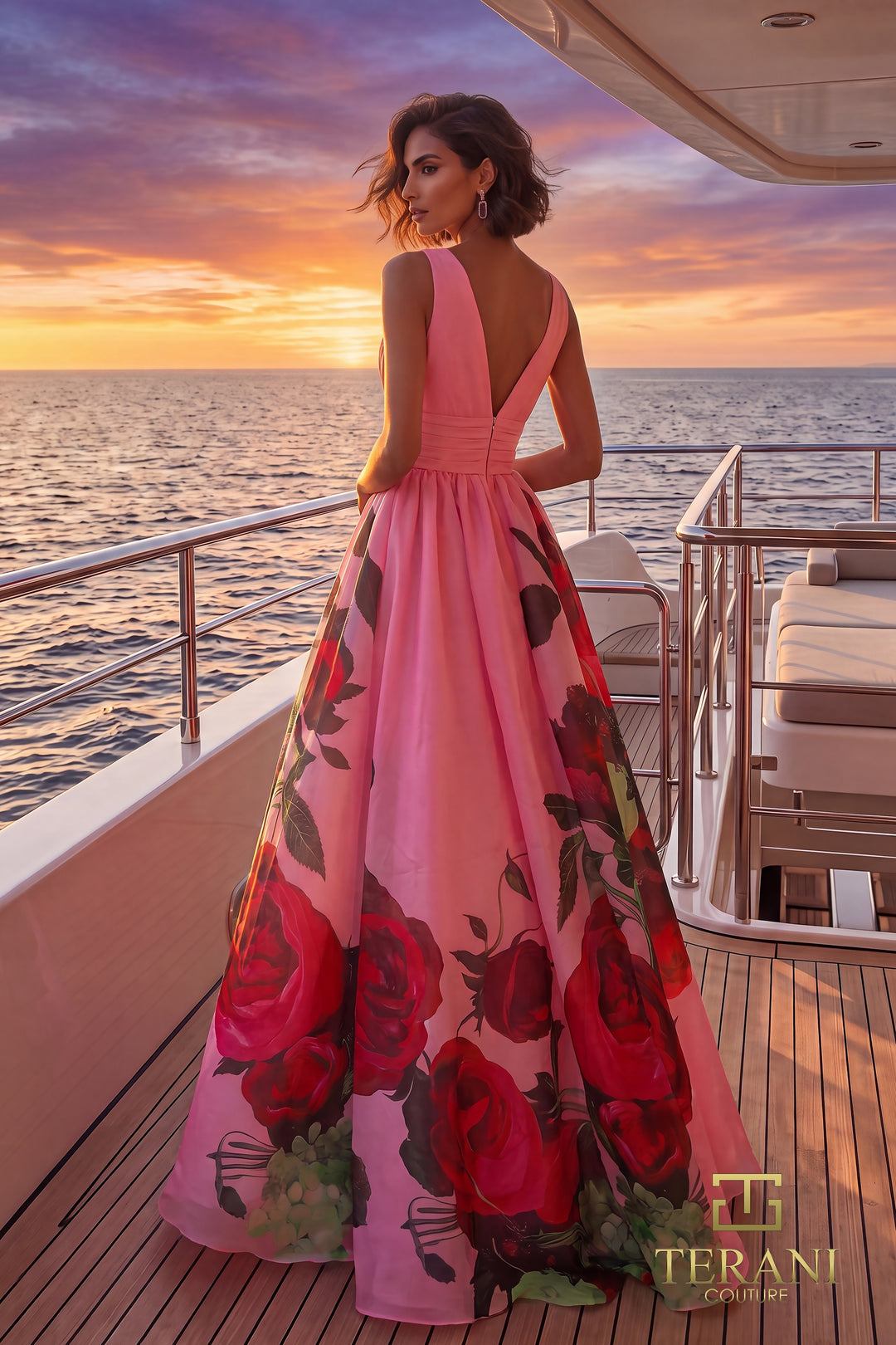 Terani 271E8138 V back full skirt printed ball gown back view