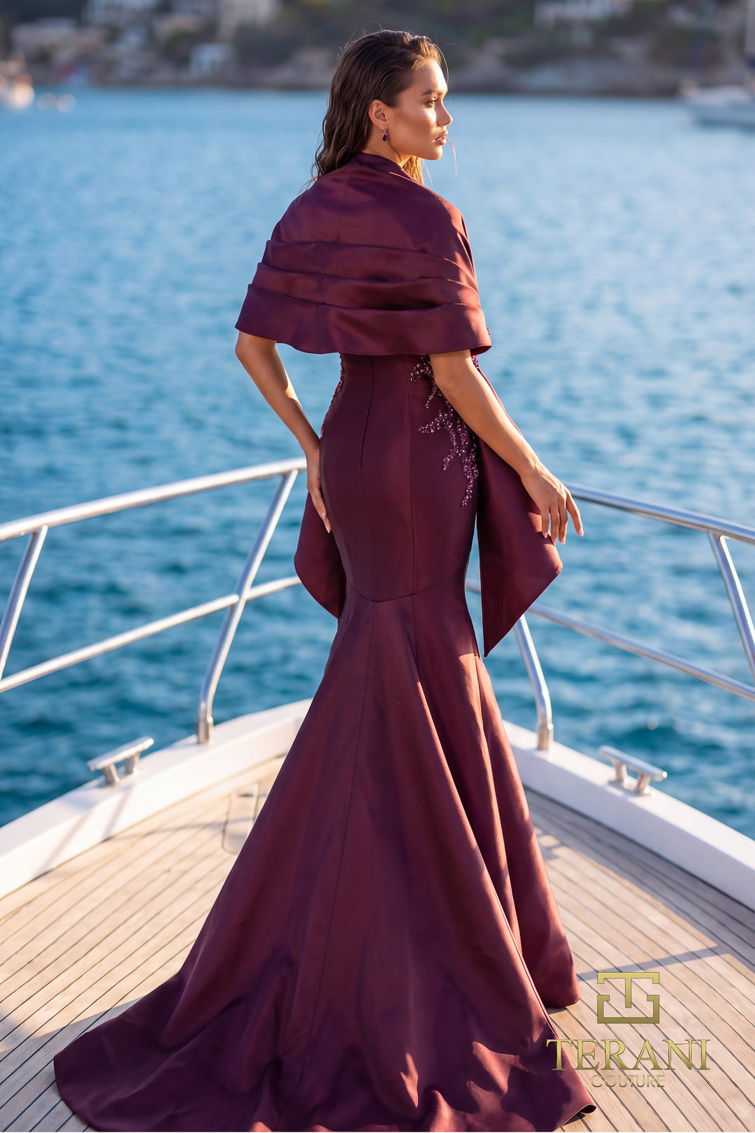 Terani 271M8405 mermaid mother of the bride gown back view with wrap and sweep train