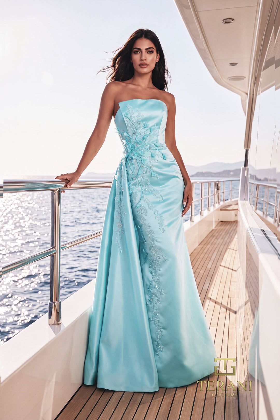 Terani 271M8420 strapless 3D floral mermaid mother of the bride gown with overskirt front view