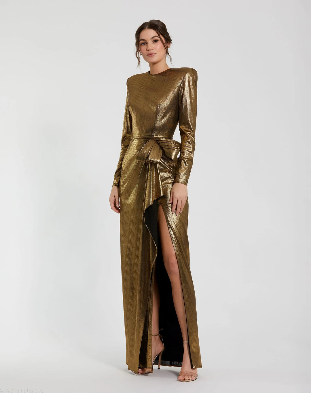 Mac Duggal 9927206P Gold Metallic Long Sleeve Gown With Bow