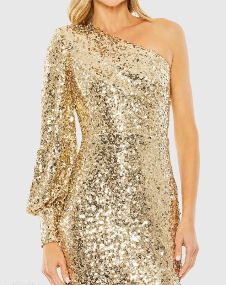 Mac Duggal 27375 One Shoulder Single Sleeve Sequin Mini Dress