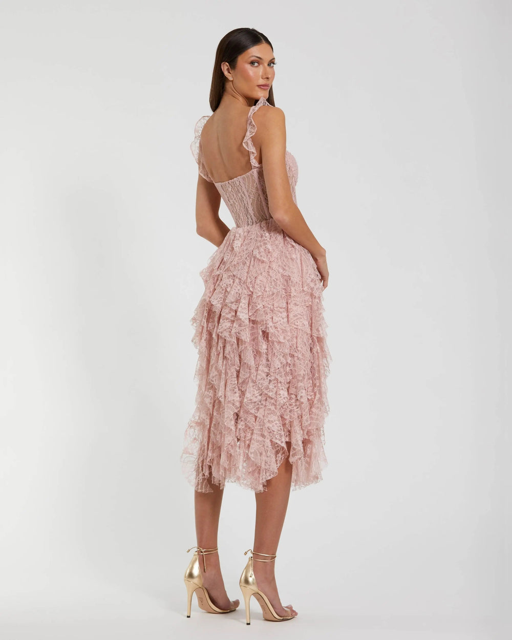 Pink Lace Ruffle Tiered Midi Dress - FOSTANI.com
