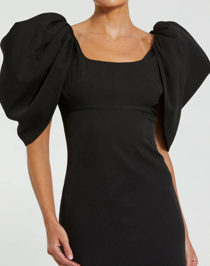 Mac Duggal 27534 Fitted Crepe Square Neck Gown with Puff Sleeves