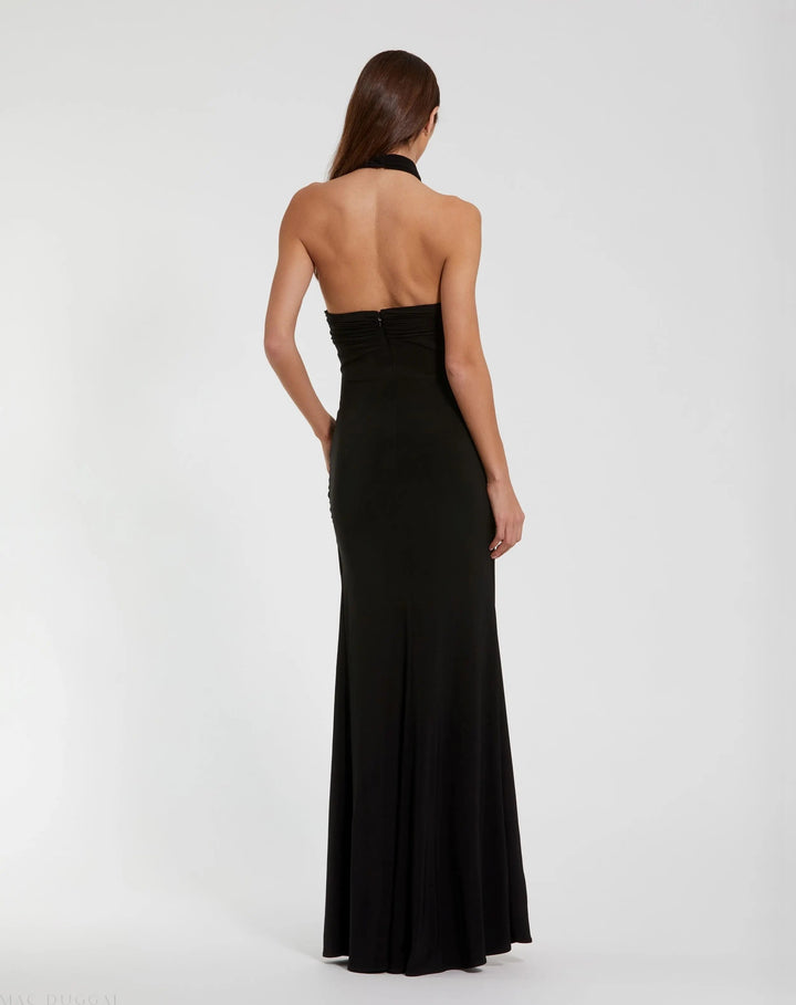 Mac Duggal 27572 Black Jersey Crossover Halter Neck Gown With 3D Flower