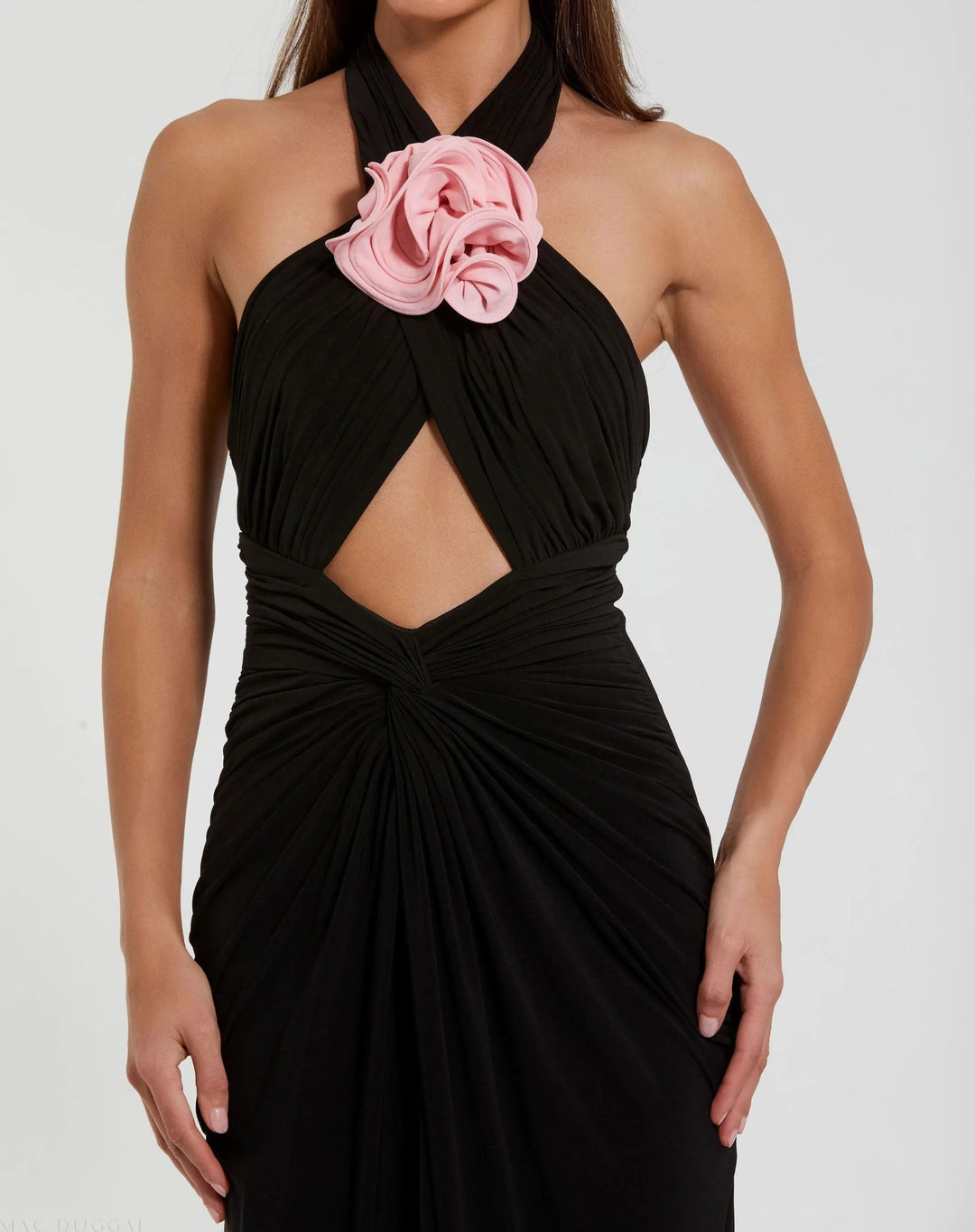 Mac Duggal 27572 Black Jersey Crossover Halter Neck Gown With 3D Flower