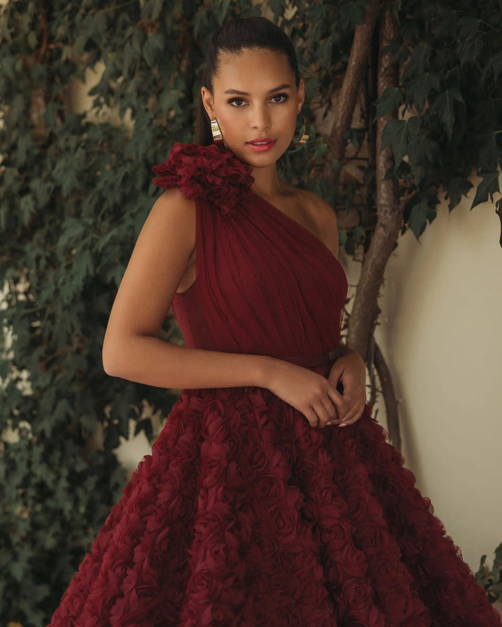 Red One Shoulder 3D Floral Rosette Midi Dress - FOSTANI.com