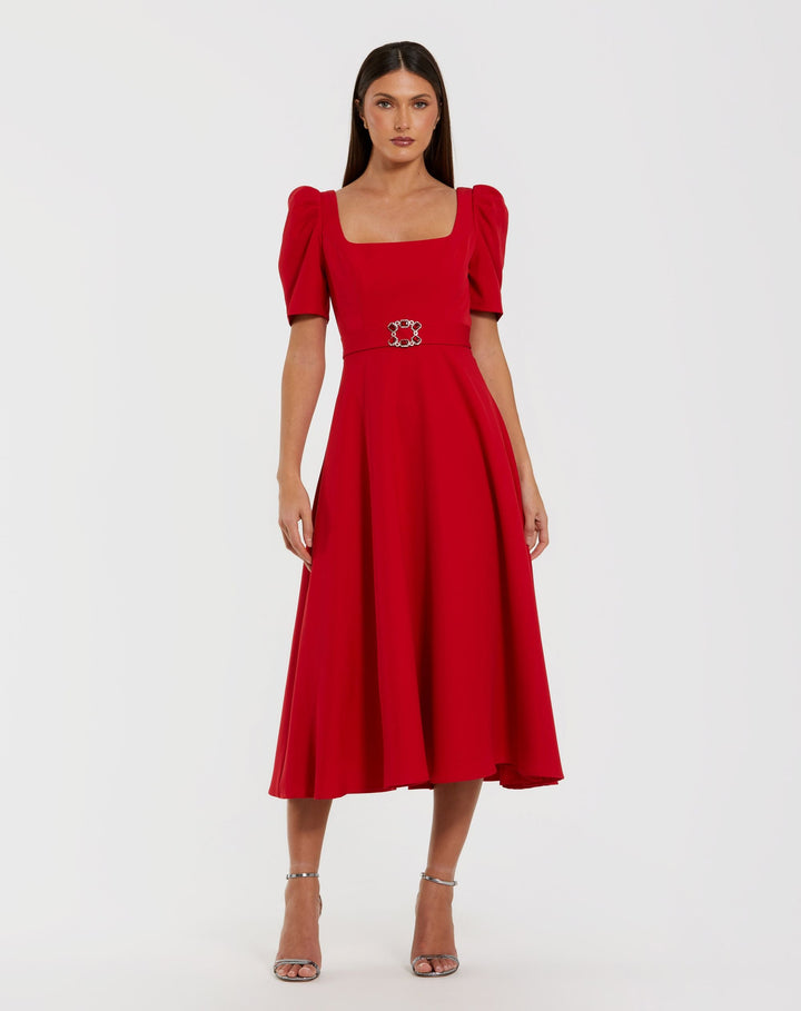 Mac Duggal 27714 Square Neck Short Sleeve Midi Dress With Belt