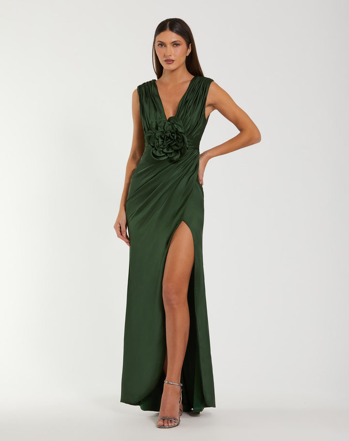 Mac Duggal 27728 Green Charmeuse Plunge Neck Gown With 3D Flower