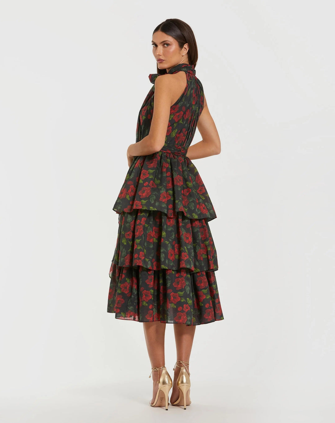 Mac Duggal 27747 Black Floral Chiffon Tiered Midi Dress with Neck Bow