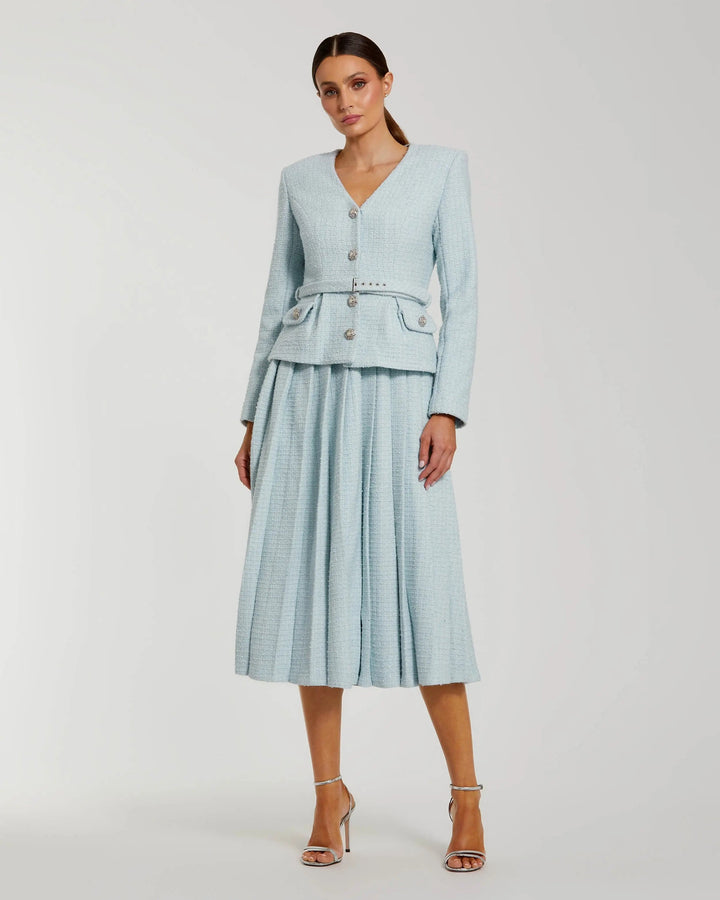 Mac Duggal 27751 Boucle Long Sleeve V Neck Midi Dress With Buttons