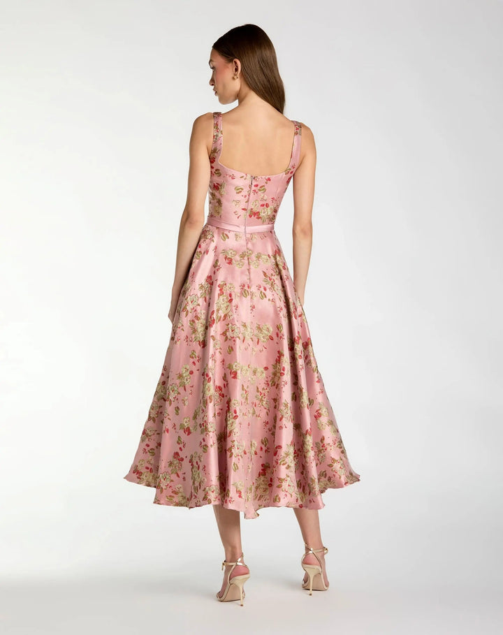 Pink Sleeveless Brocade A Line Midi Dress - FOSTANI.com