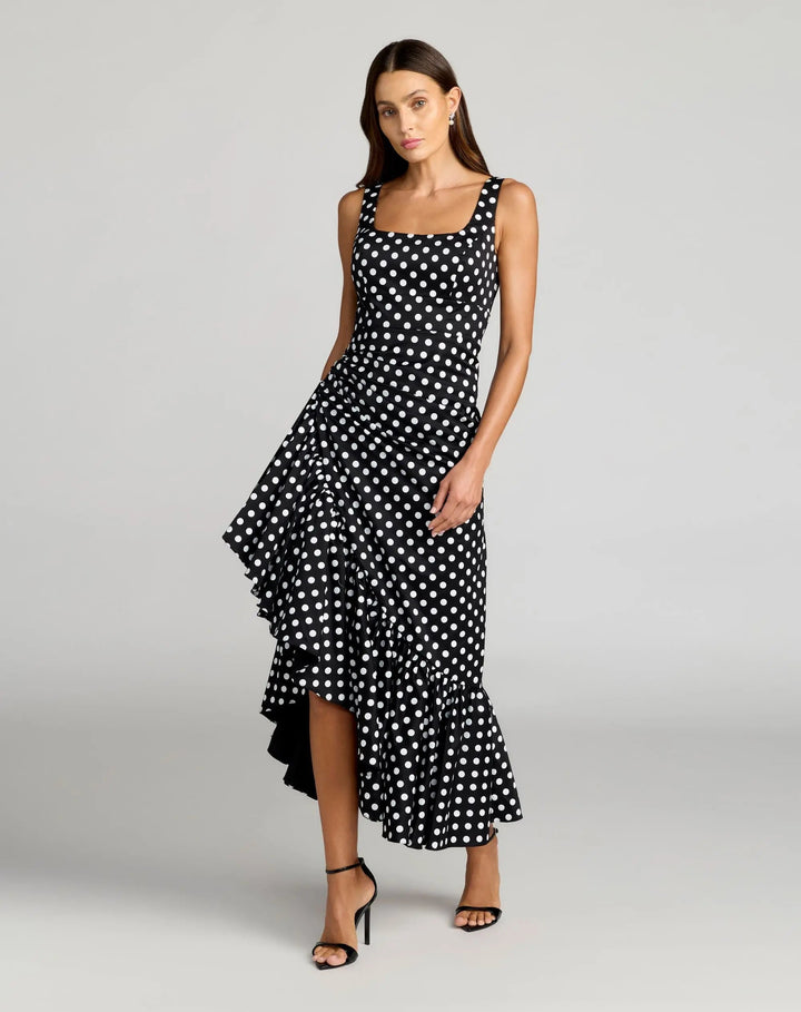 Black Sleeveless Polka Dot Midi Dress With Ruffled Hem - FOSTANI.com