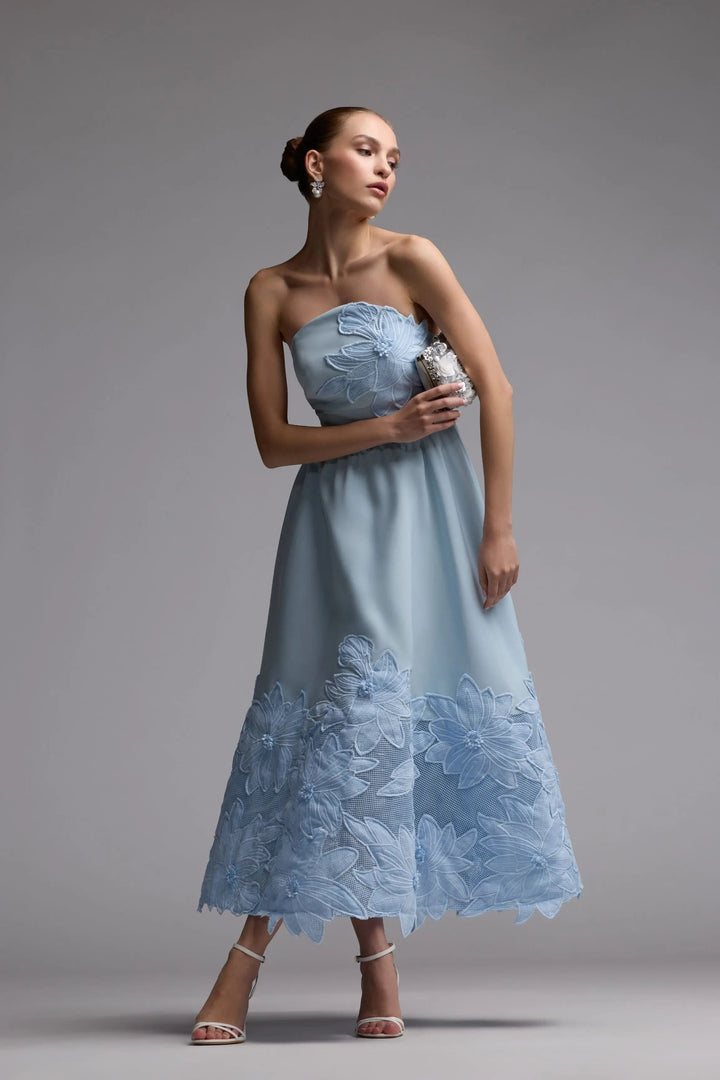 Blue Strapless Floral Appliqué Midi Dress - FOSTANI.com