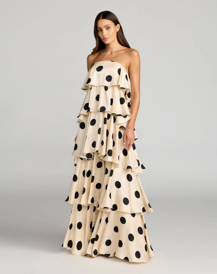 Beige Strapless Polka Dot Charmeuse Ruffle Gown - FOSTANI.com