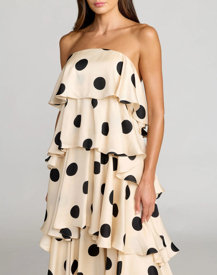 Beige Strapless Polka Dot Charmeuse Ruffle Gown - FOSTANI.com