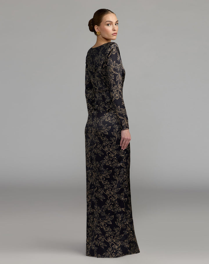Mac Duggal 27851 Floral Printed Long Sleeve Gown With Bow