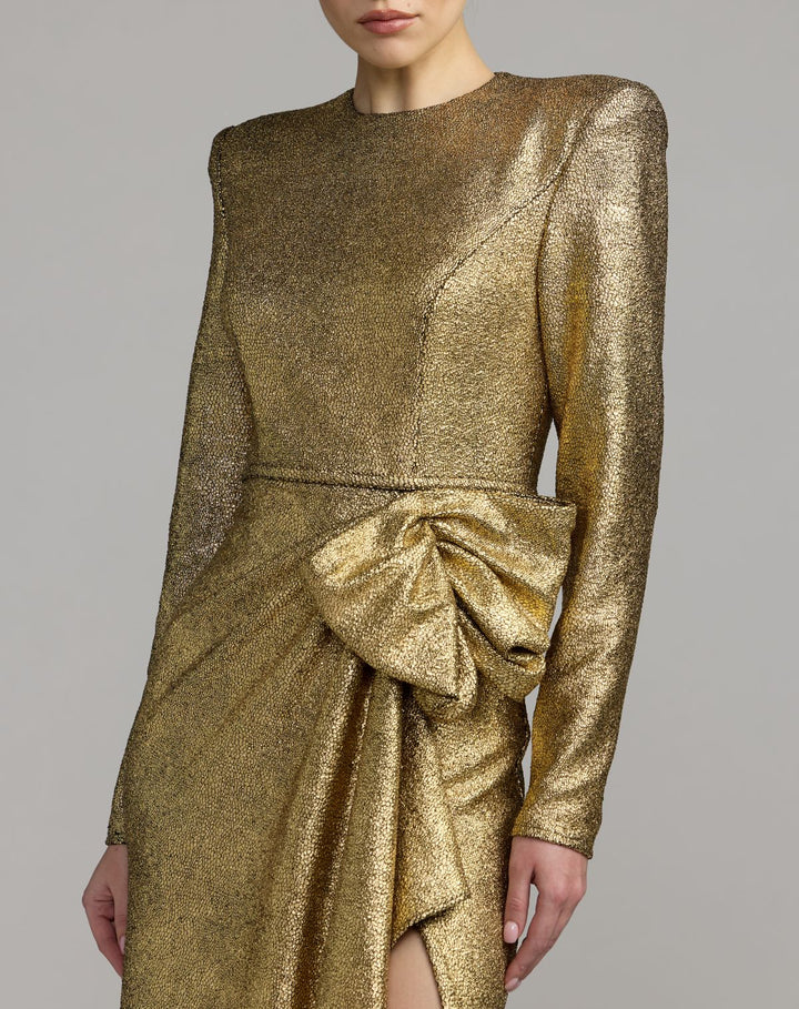 Mac Duggal 27853 Metallic Long Sleeve Structured Bow Draped Gown