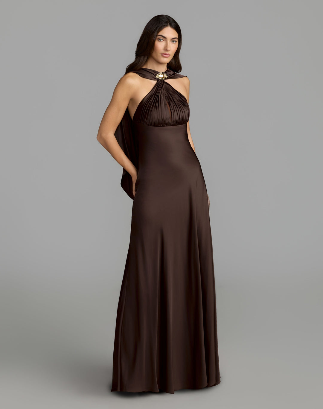 Mac Duggal 27878 Charmeuse Cowl Back Halter Gown