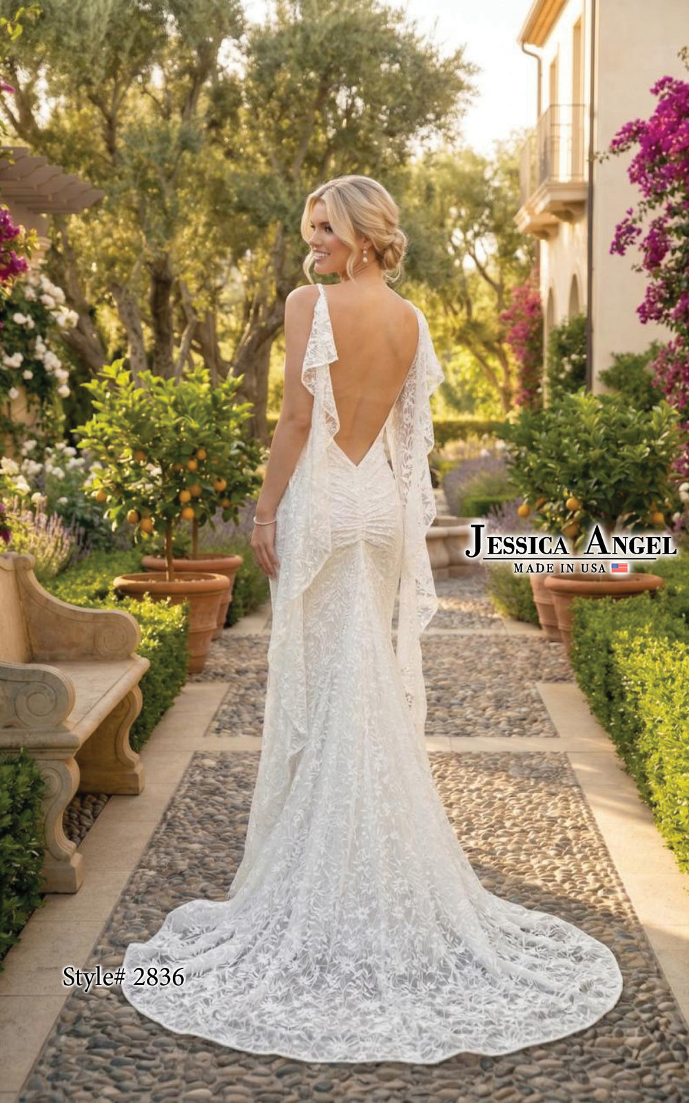 Jessica Angel 2836 V-neck lace gown with slit and open back back view