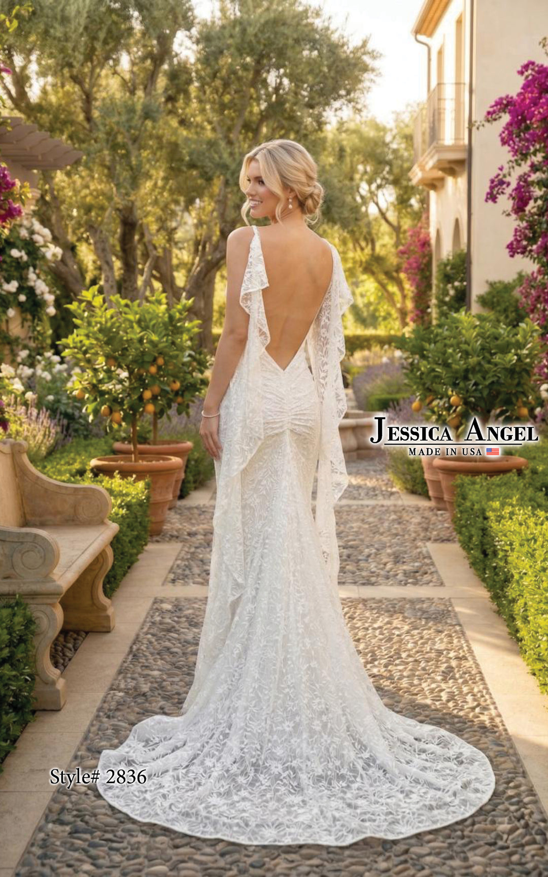 Jessica Angel 2836 V-neck lace gown with slit and open back back view