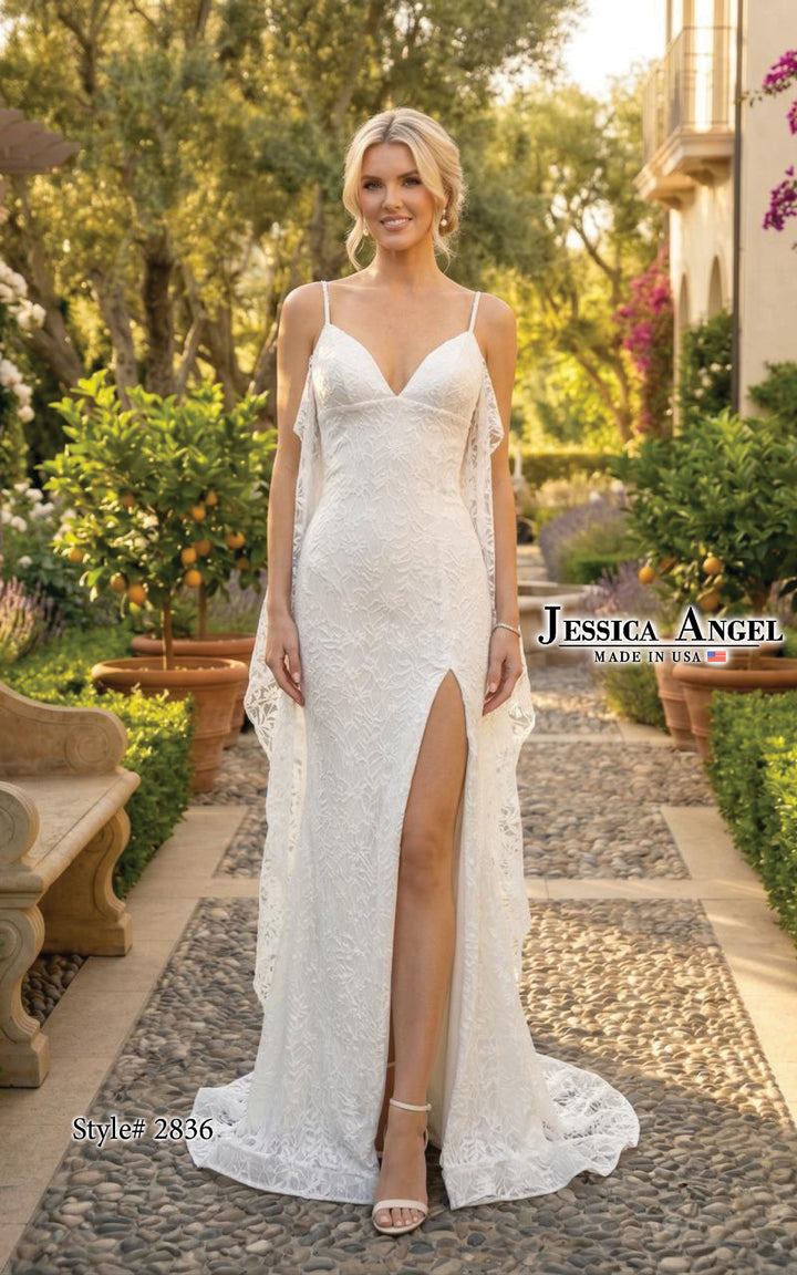 Jessica Angel 2836 V-neck lace gown with slit and open back front view