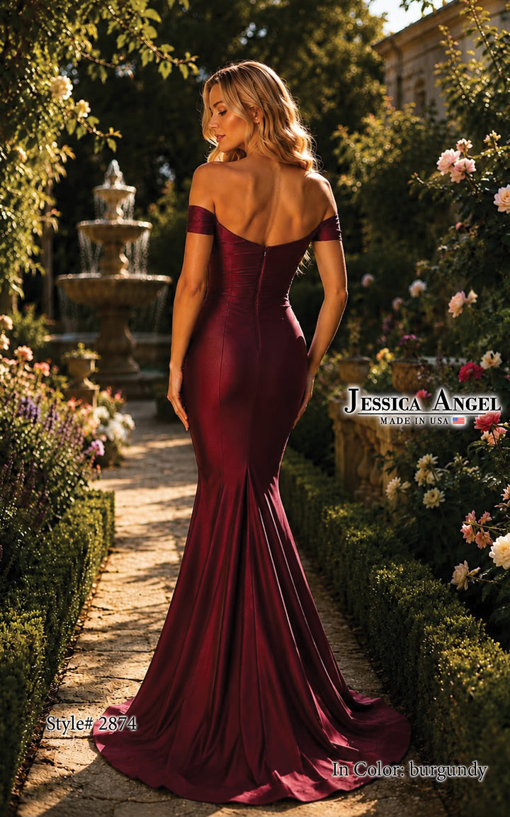 Jessica Angel 2874 off shoulder jersey mermaid gown with waist bow alternate view 5