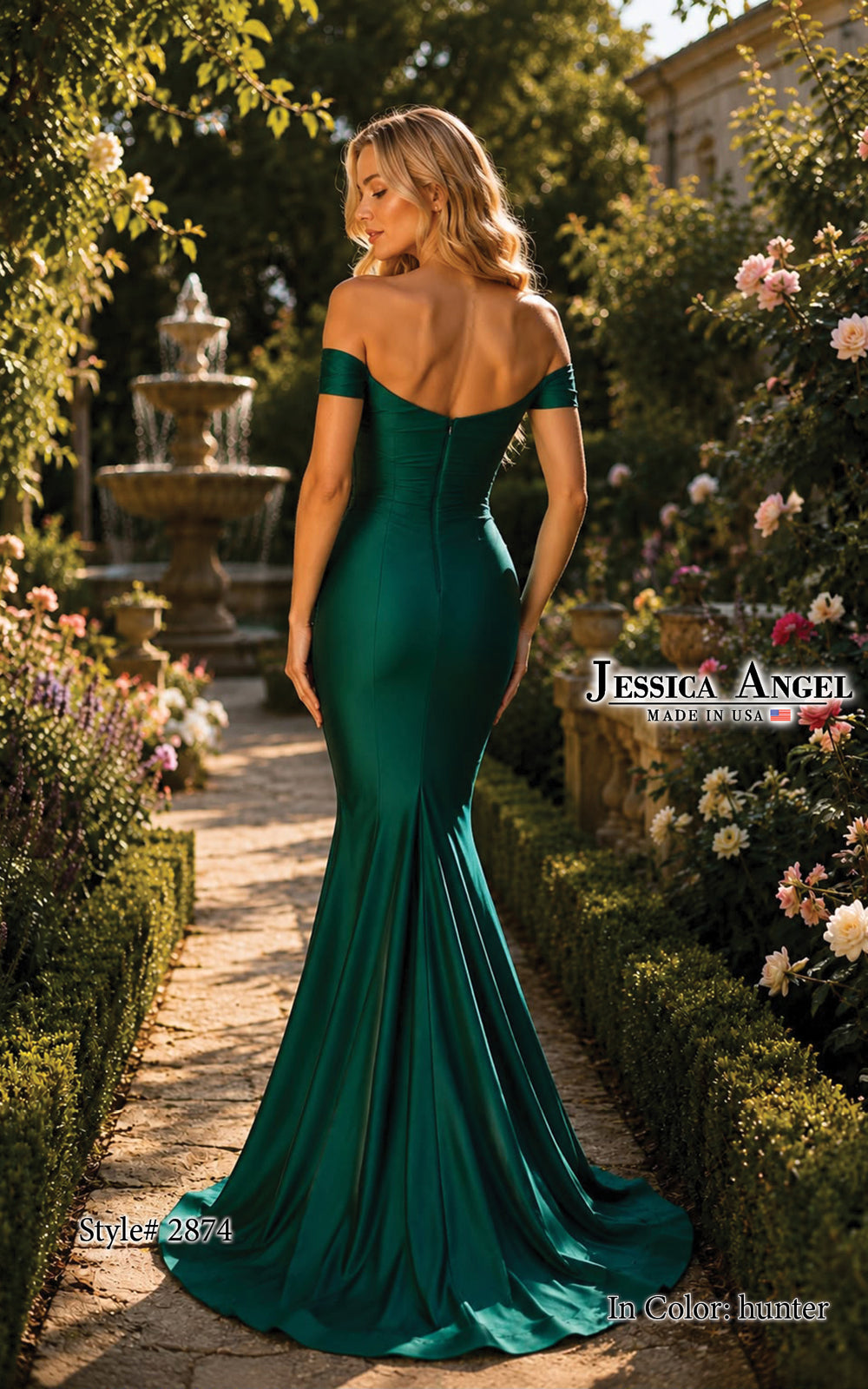 Jessica Angel 2874 off shoulder jersey mermaid gown with waist bow back view