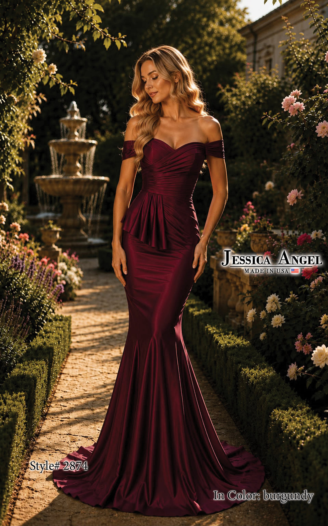 Jessica Angel 2874 off shoulder jersey mermaid gown with waist bow alternate view 4