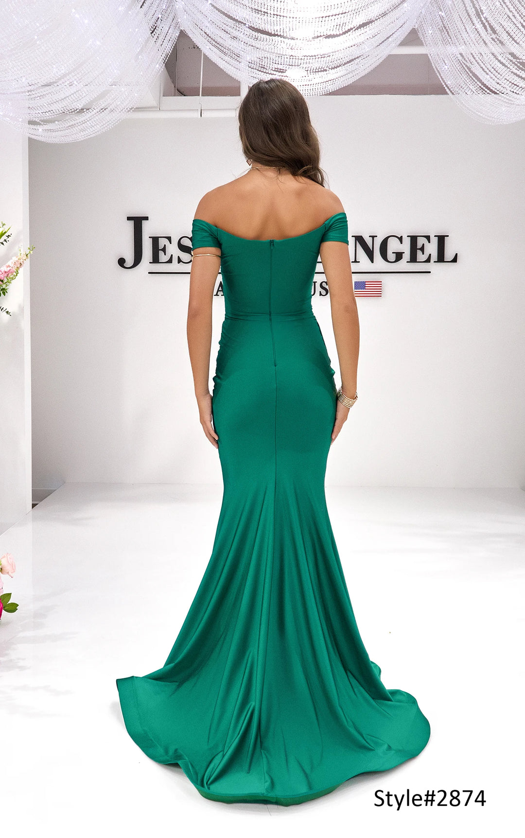 Jessica Angel 2874 off shoulder jersey mermaid gown with waist bow alternate view 3