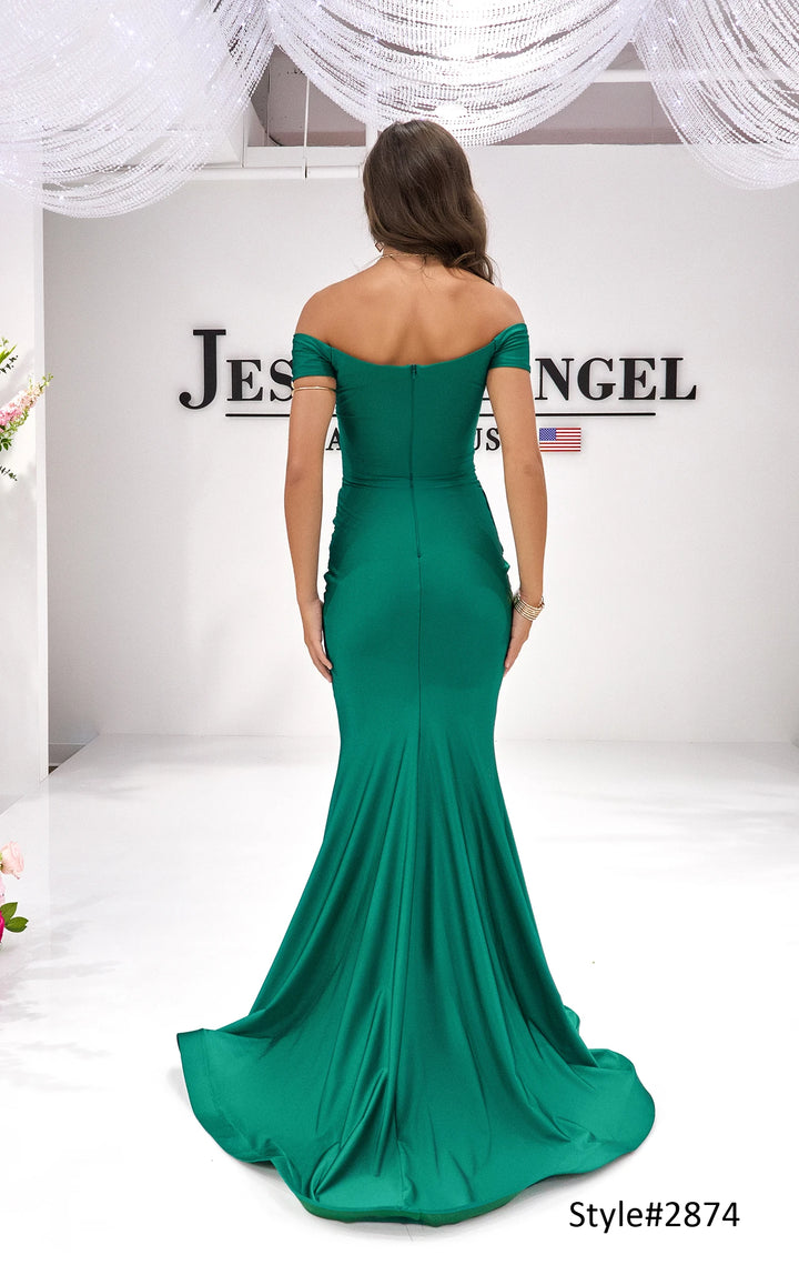 Jessica Angel 2874 off shoulder jersey mermaid gown with waist bow alternate view 3