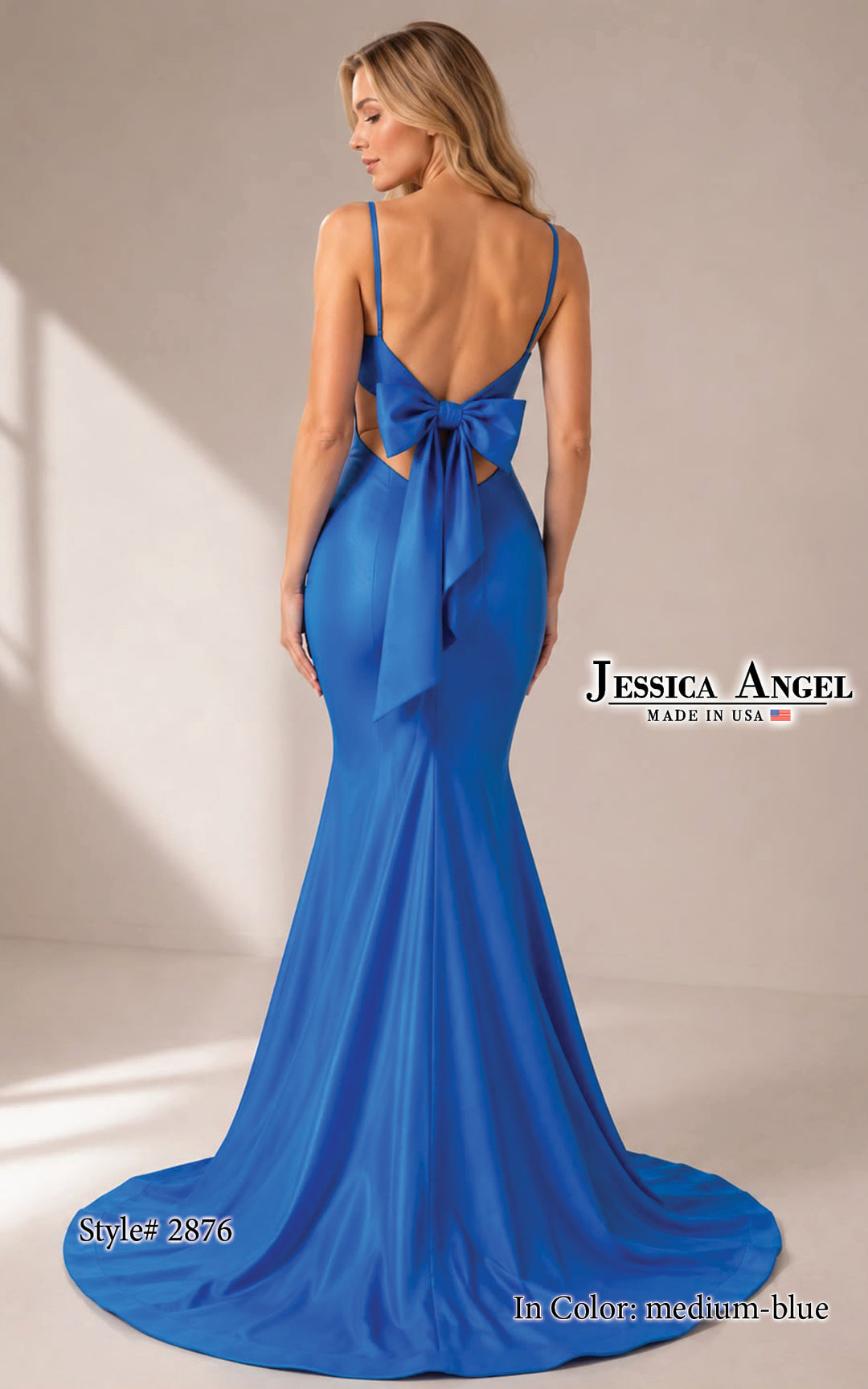 Jessica Angel 2876 V-neck jersey mermaid gown with tie back back view