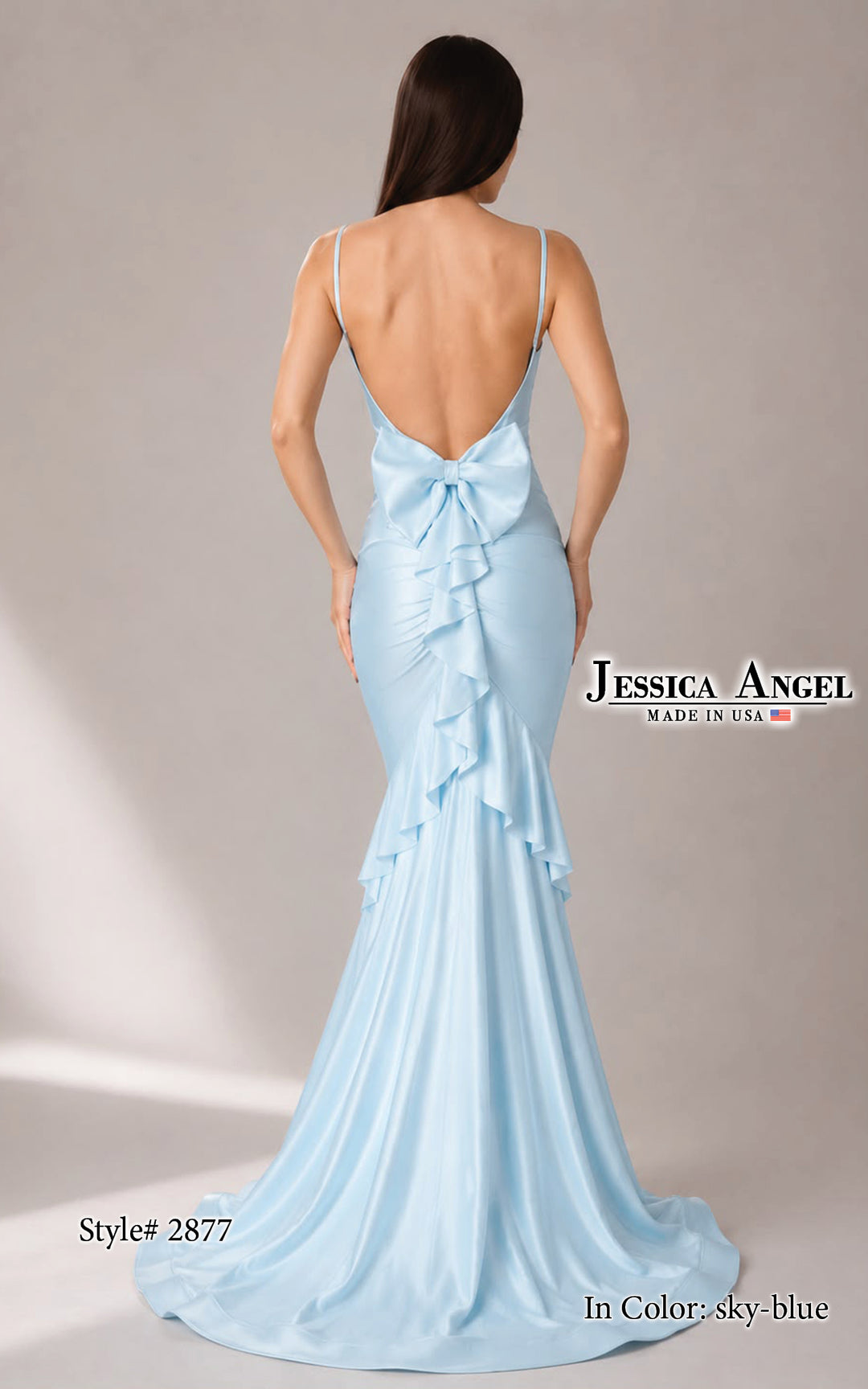 Jessica Angel 2877 V-neck jersey mermaid gown with ruffle bow back back view